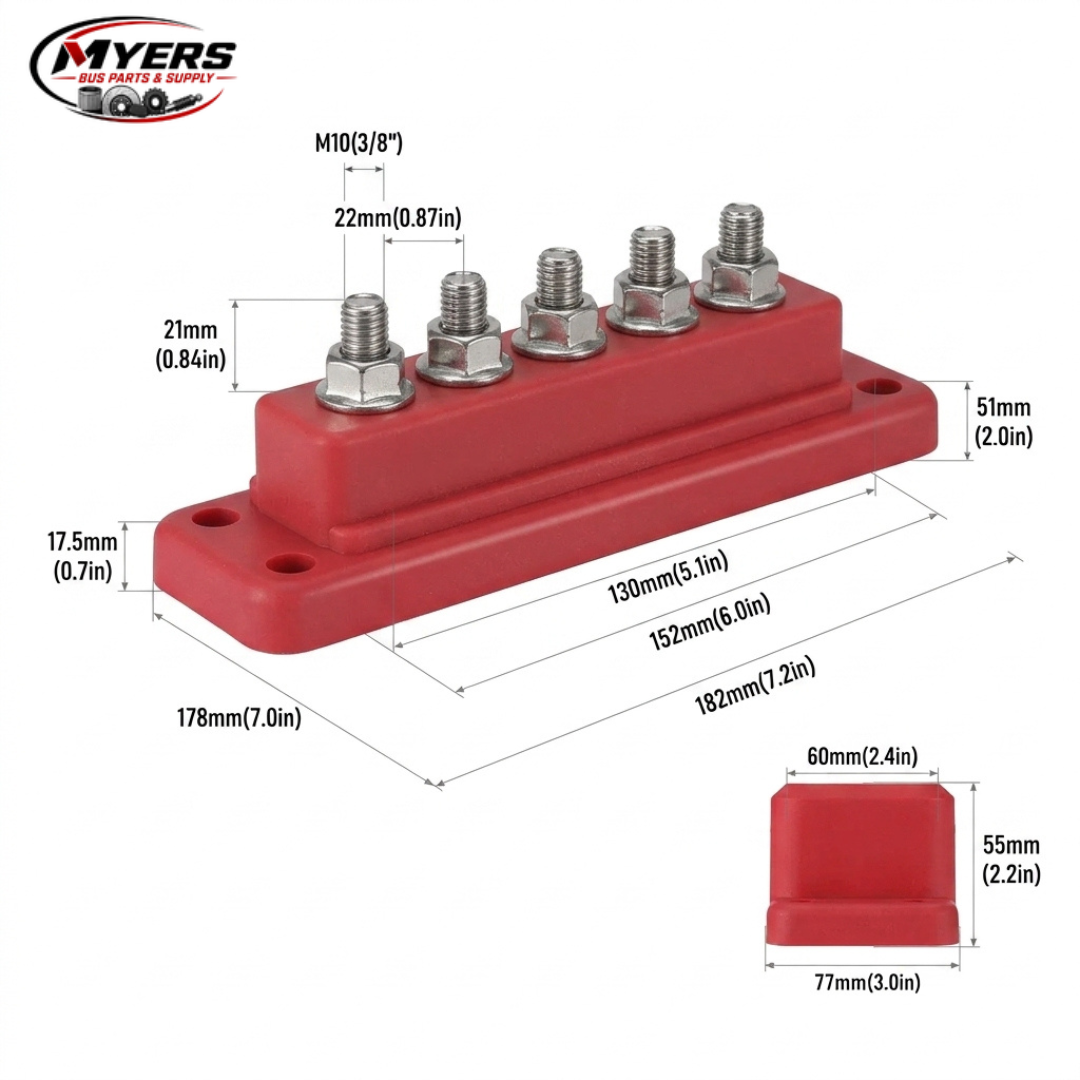 Myers Bus Parts power distribution block with M10 terminals